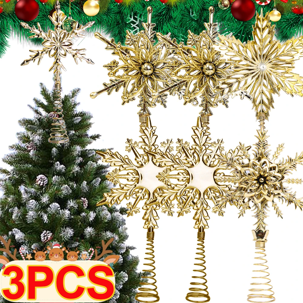 Christmas Illuminated Topper Star Ornament Plastic Golden Sparkle Xmas Tree Pendant New Year Party Home DIY Decoration Supplies