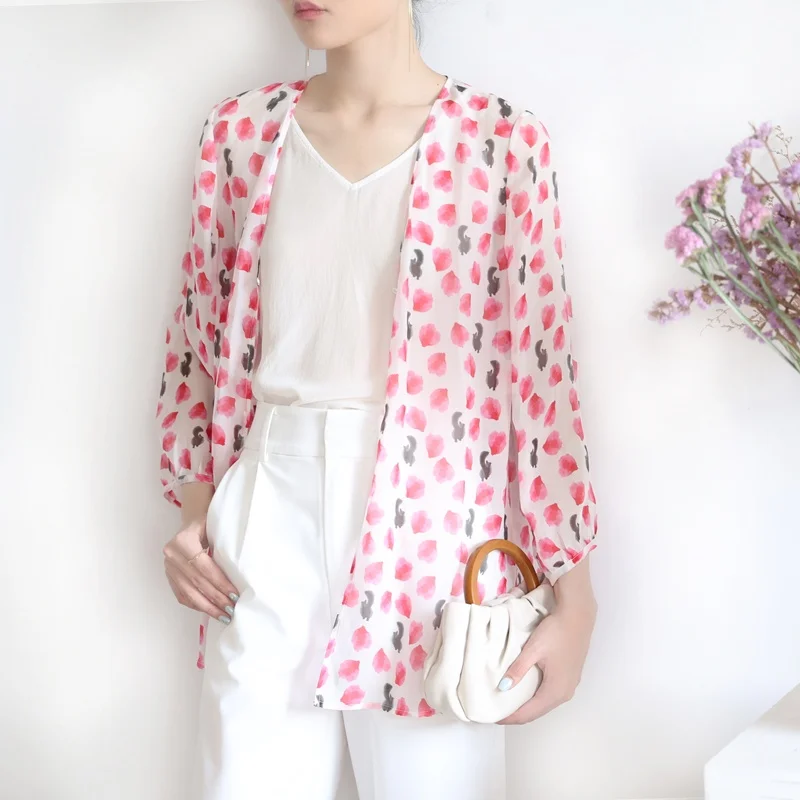

Silk Chiffon Sun Protection Mid-Length Open Cardigan Women's Summer Pearl Button V-neck Air Conditioning Cover up CY307