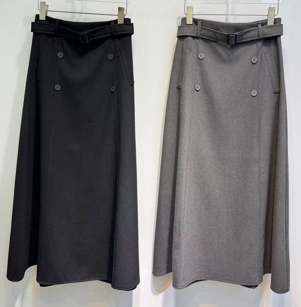 2026 Autumn Winter Fashion Long Skirt High Quality Women Pocket Belt Patchwork Elegant Long Grey Black Woolen Skirt Clothing