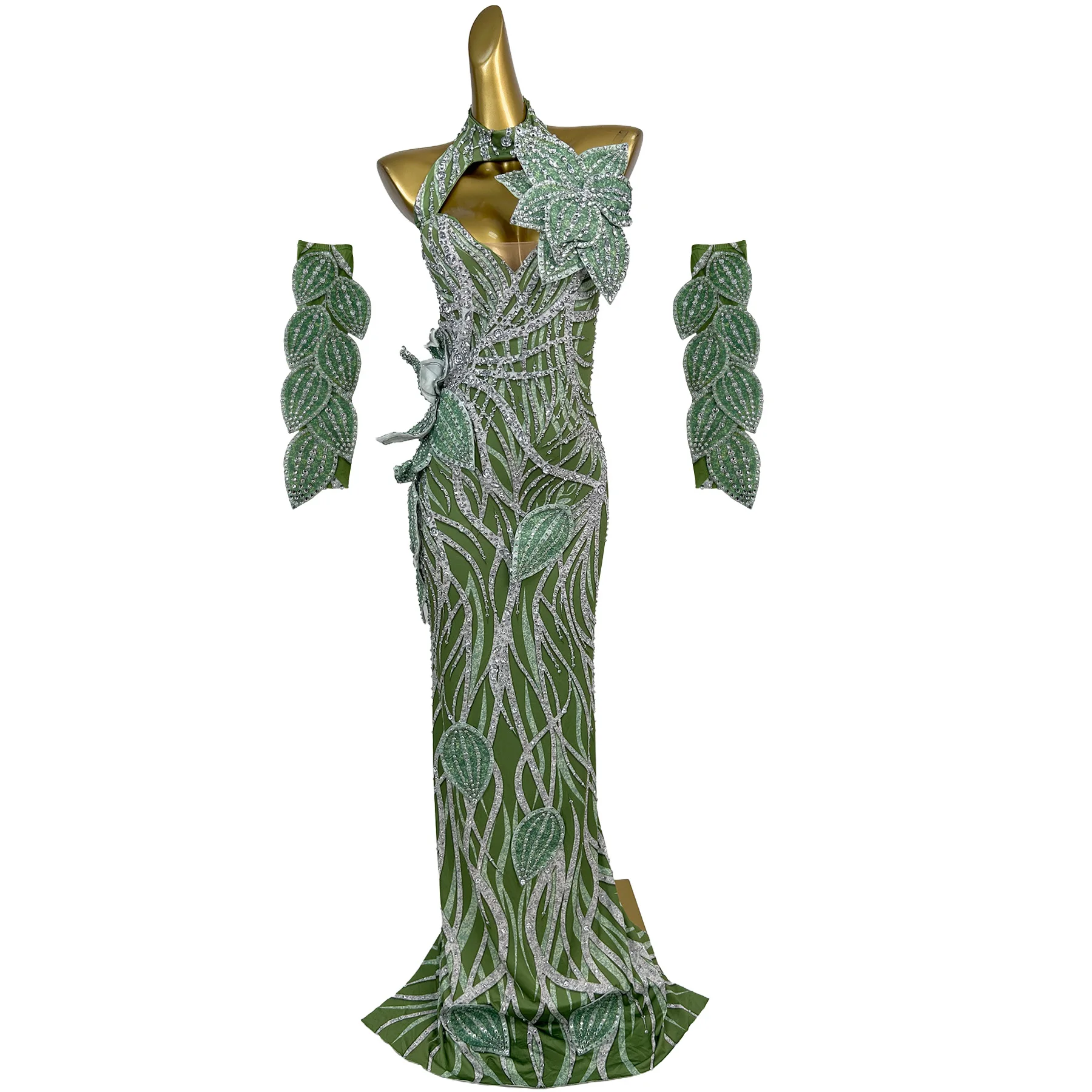 Pianye Green Halter Evening Gown Silver Rhinestone Leaf Embroidery 3D Floral Applique Matching Leaf Gloves Pageant Prom Gowns