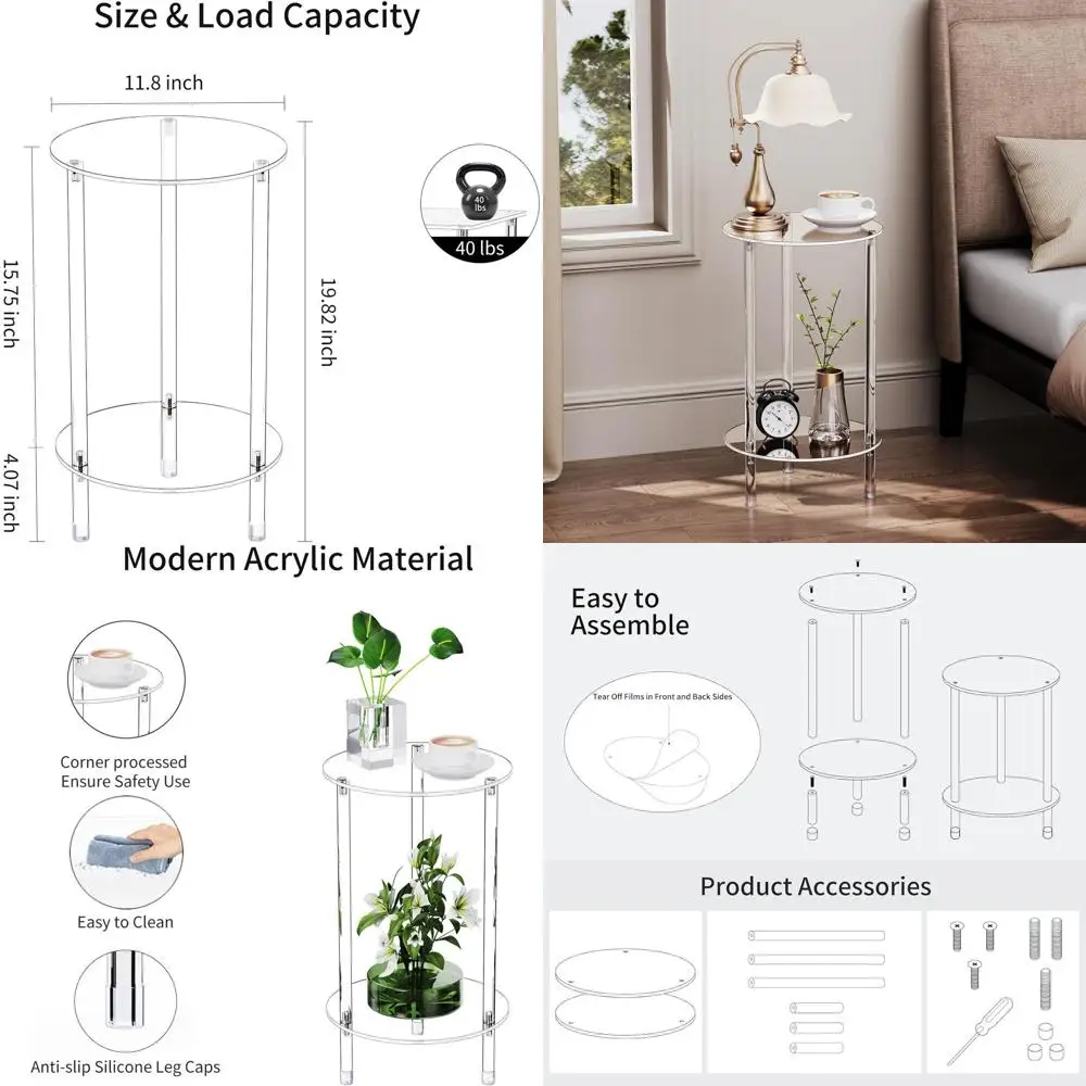

Compact Acrylic 2-Tier Side Table, Ideal for Small Spaces, 11.81x11.81x19.82, Modern Minimalist Nightstand for Living Room, Bedr