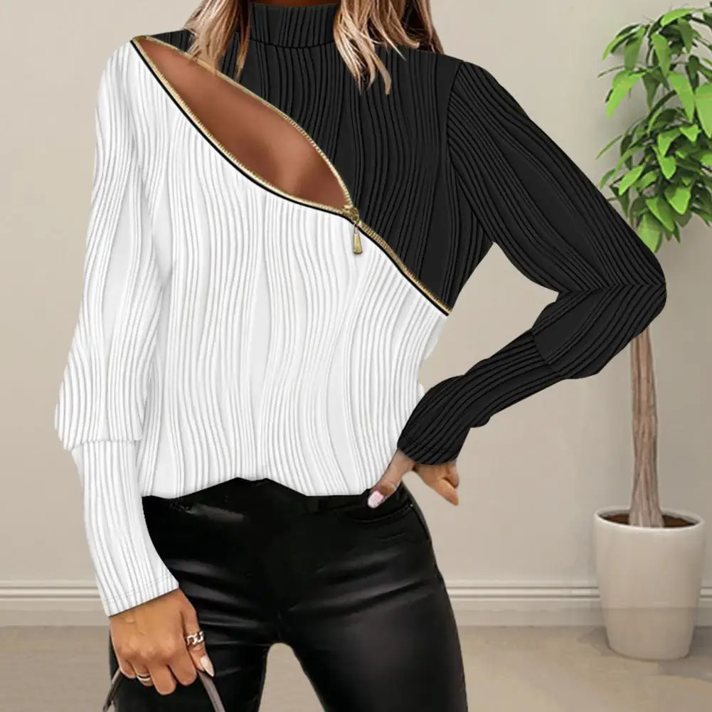 Zipper Decoration Women Top Soft Women Top Hollow Water Wave Texture Blouse Stylish Zipper Decor Soft Long Sleeve Lady Top