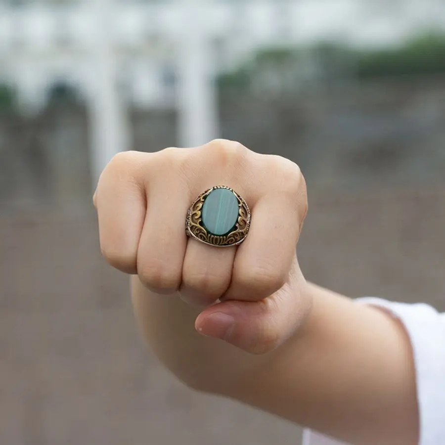 Wholesale 925 Sterling Silver Male Ring Green Malachite Stone Vintage Classic Men Silver Ring 925 Natural Stone