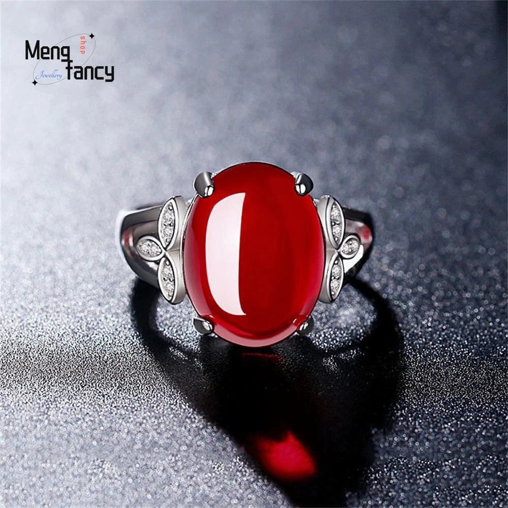 Natural Agate Chalcedony 925 Silver Inlaid Ring Charm Fashion Elegant Jewelry Men Women Couple Promise Best Selling Wedding Gift