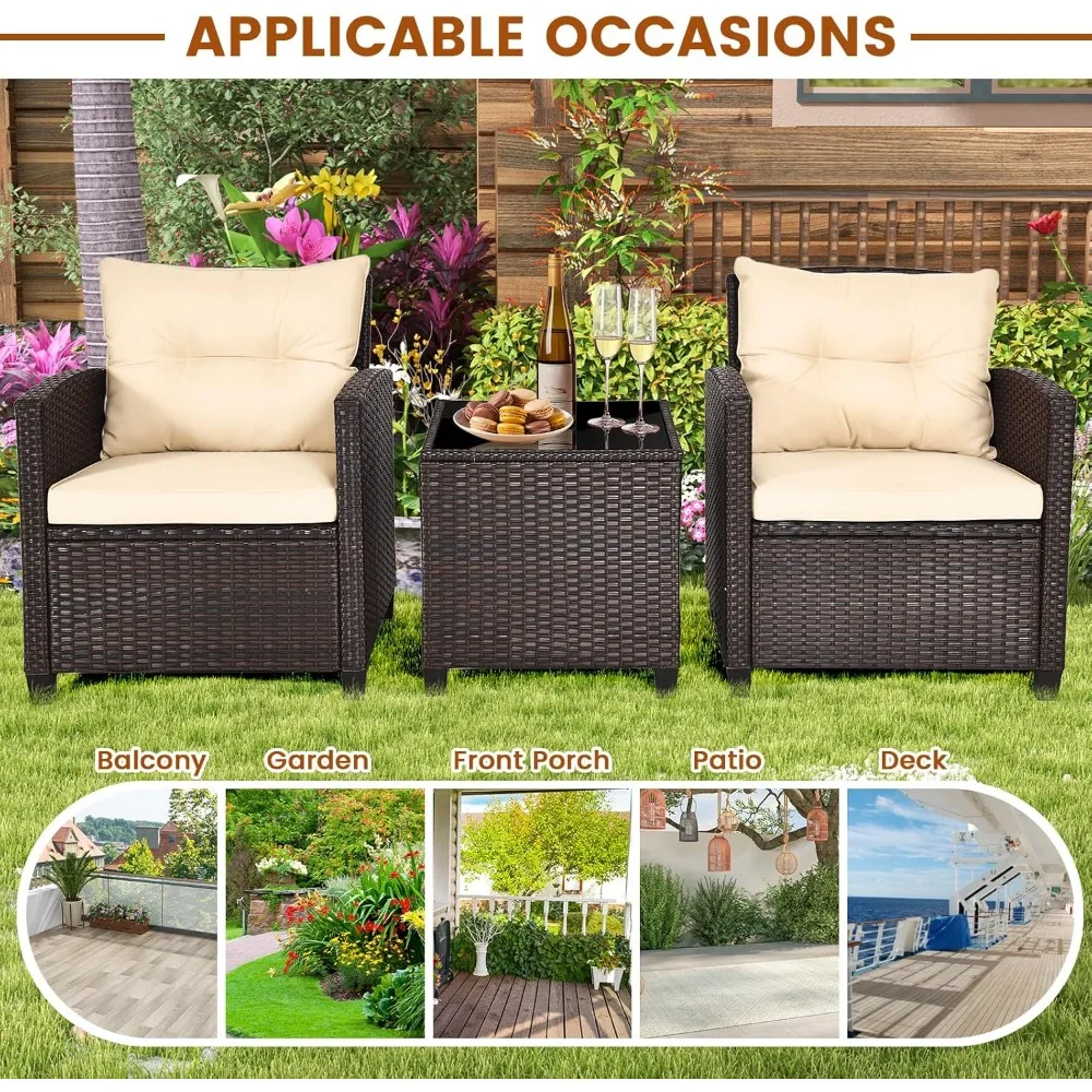 مجموعة أثاث تراس مكونة من 3 قطع، مجموعة محادثة الصفصاف الخارجية، كرسي الروطان مع وسادة، طاولة قهوة زجاجية، بار صغير