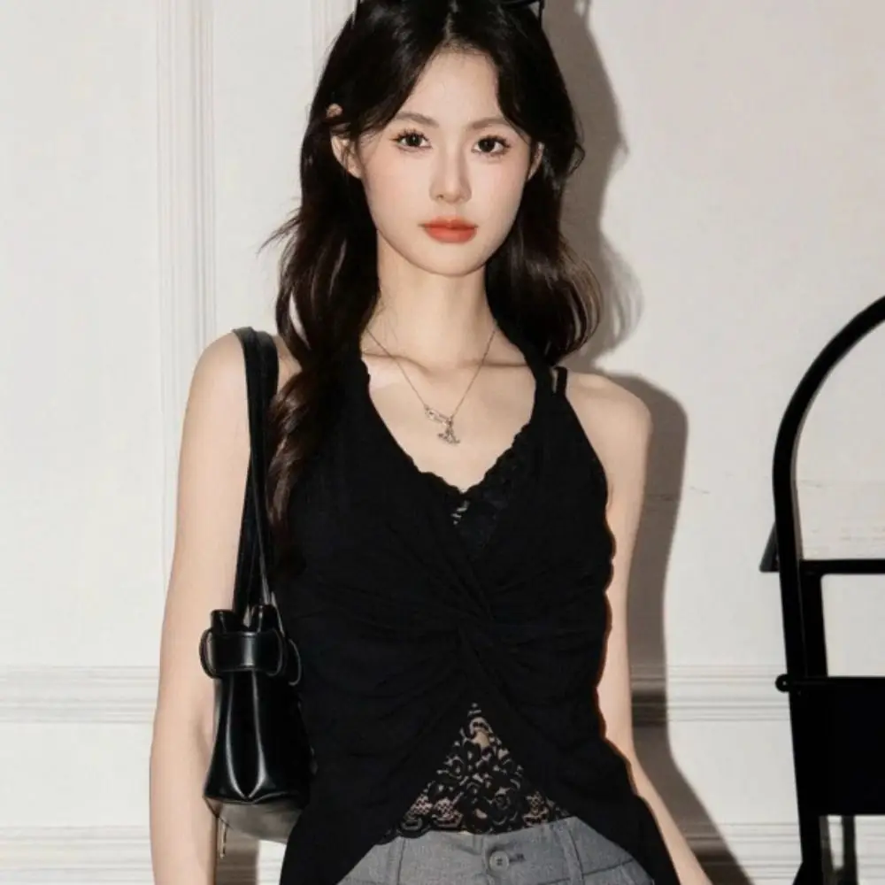 

V Neck Lace Patchwork Vest Sleeveless Twist Design Backless Tank Top Solid Color Summer Fabric Halter Tank Top Women's Fashion
