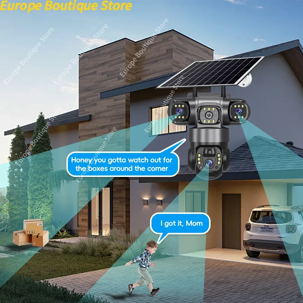 4G كاميرا تعمل بالطاقة الشمسية 12MP 6K 3 عدسة في الهواء الطلق CCTV مقاوم للماء للرؤية الليلية اتجاهين الاتصال الداخلي V380 برو كاميرات تتبع الهاتف المحمول كاميرا IP #4