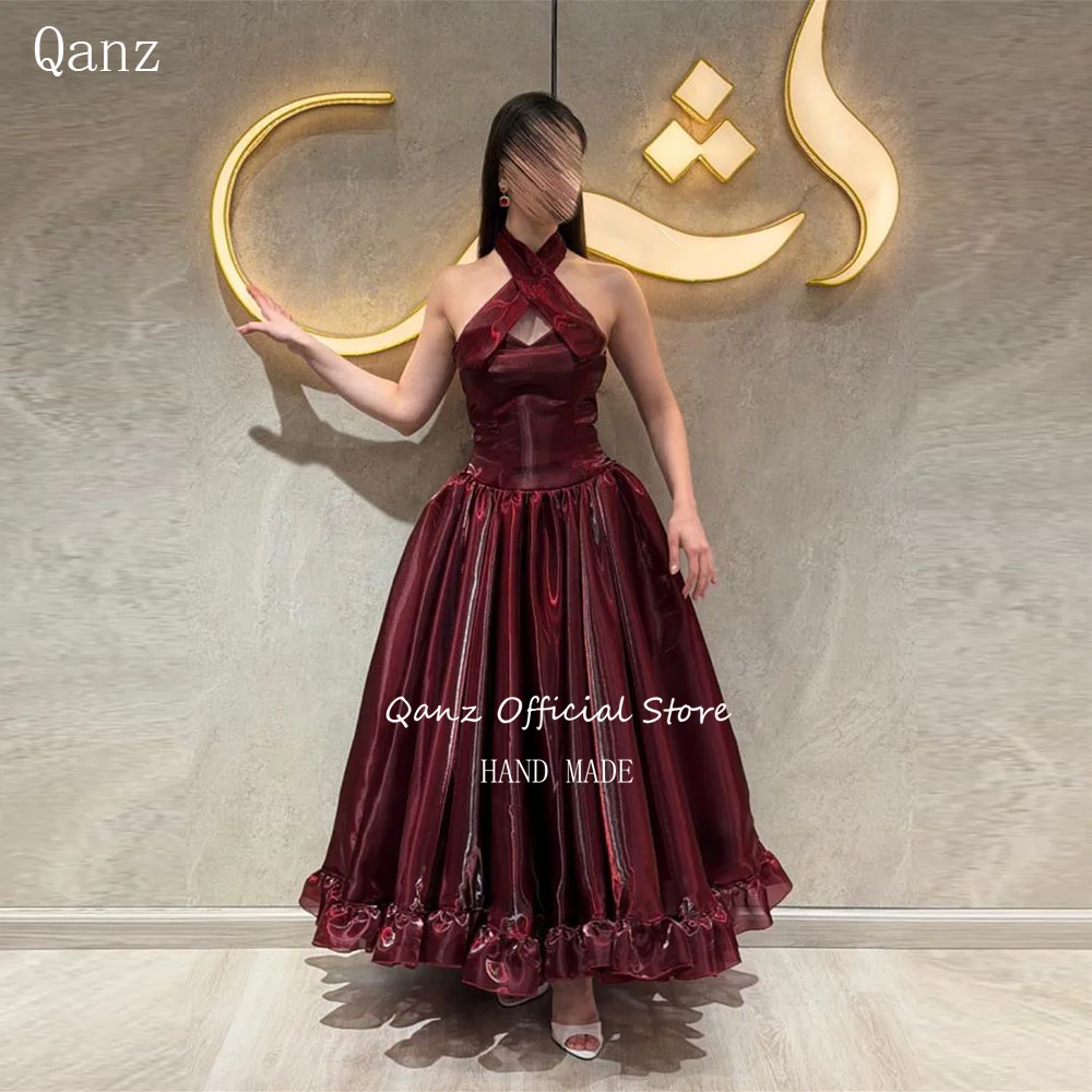 

Qanz Dubai Halter Neck Evening Dresses Women Burgundy Organza فساتين سهرة Ankle Length Backless Robes De Soirée Customized