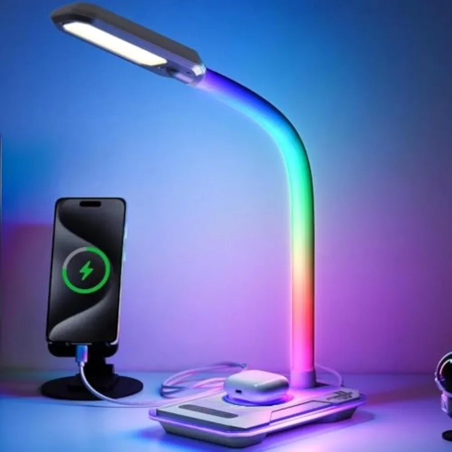 

Игровая RGB-лампа для стола с синхронизацией музыки, регулируемой яркостью, беспроводной зарядной станцией, USB-портом для зарядки и сенсорным управлением с изменением цвета