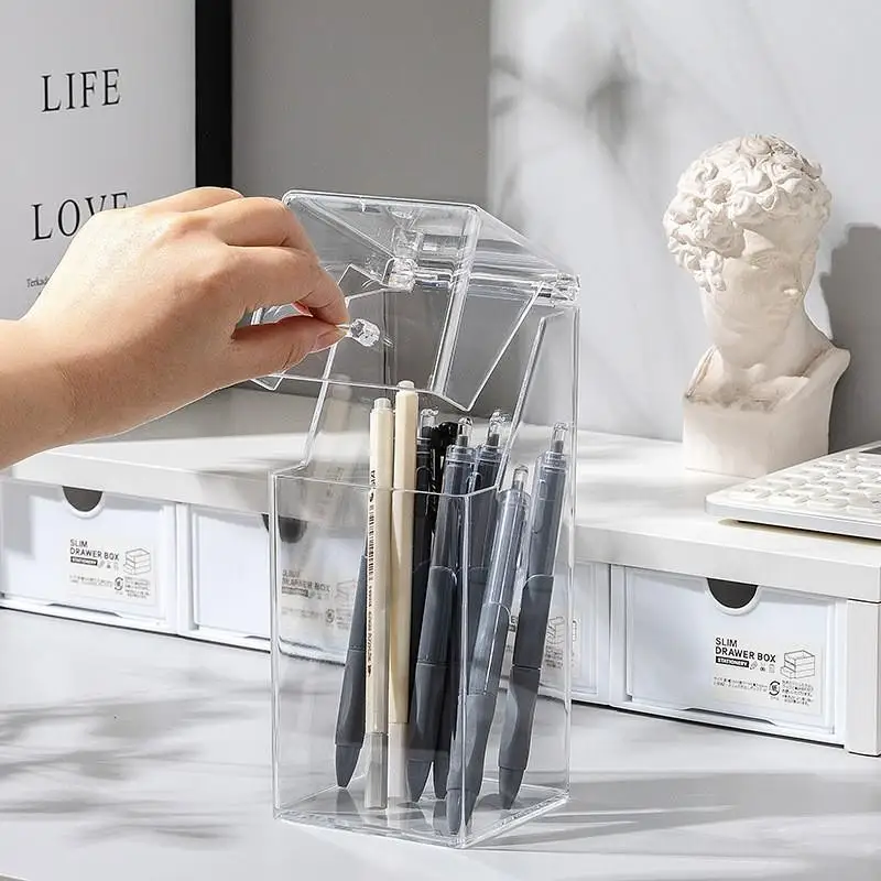 Flip-Top Clear Makeup Brush Holder Cosmetic Storage Box Dust-Proof Desktop Organizer For Brushes And Accessories