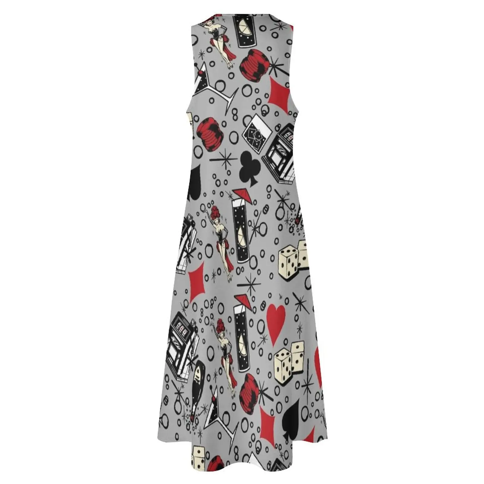 Viva Vegas Retro Casino Print-Vestido largo rojo, negro y gris Ropa vestido de fiesta femenino vestido elegante de lujo para mujer