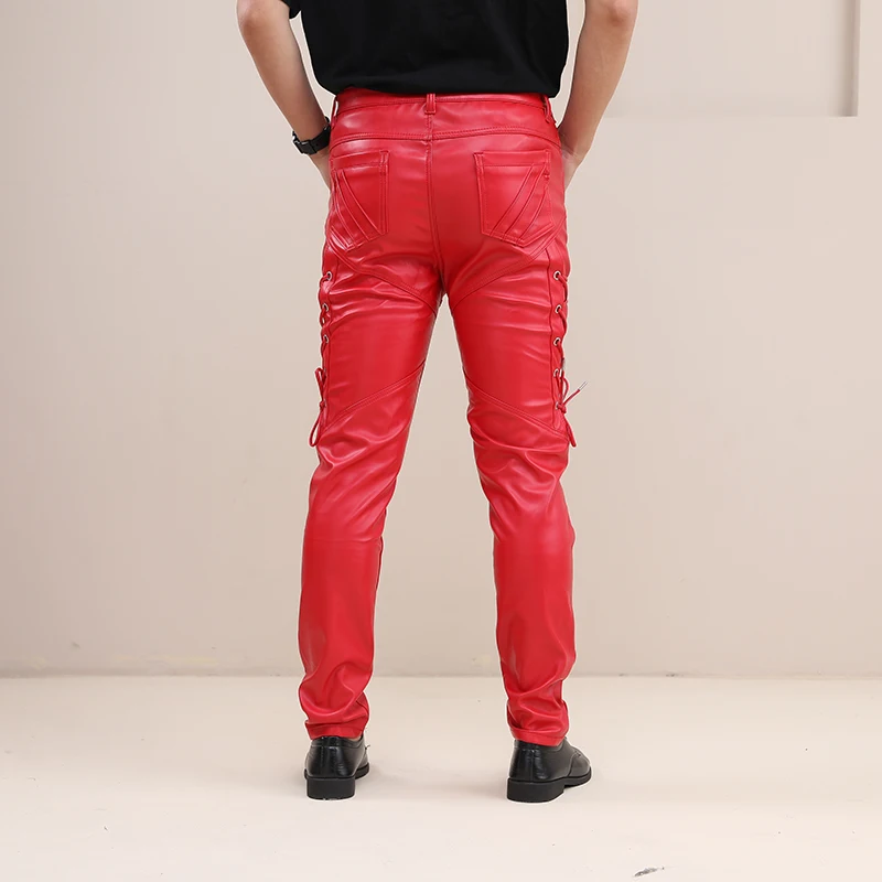 Fashion Skinny Leather Pants Faux Red Joggers Motorcycle Party NightClub Trousers For Men With Strings