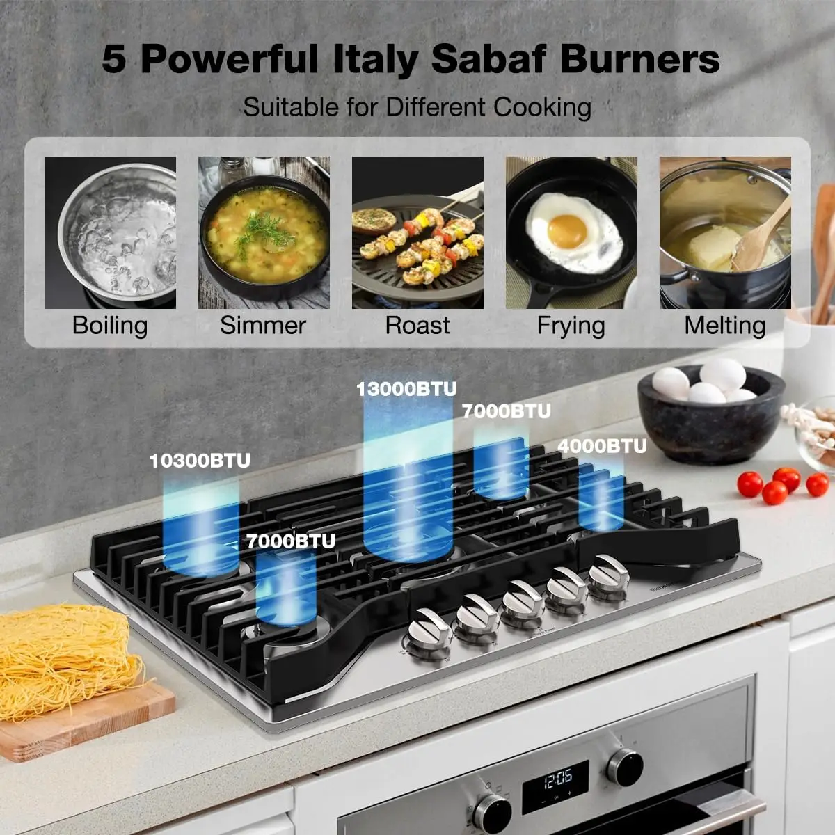 30 Inch Gas Cooktop with 5 Italy Sabaf Power Burners, Built In Gas Stove Top of 304 Stainless Steel