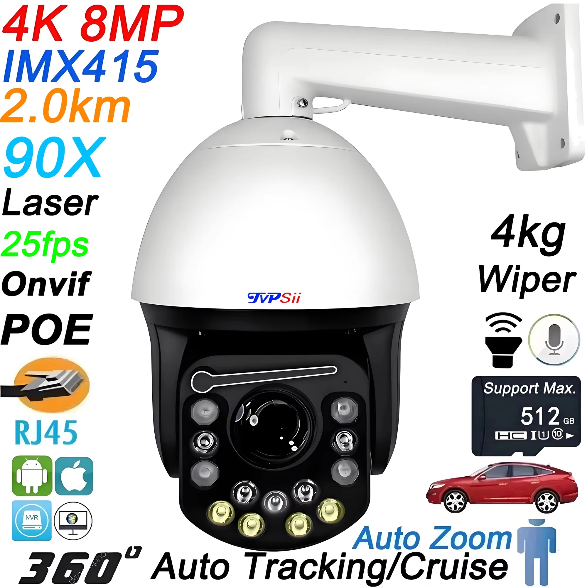 Onvif Metal Wiper Infrared Full Color Auto Tracking 25fps 8MP 4K 90X Optical Zoom 360° POE PTZ IP Surveillance Speed Dome Camera