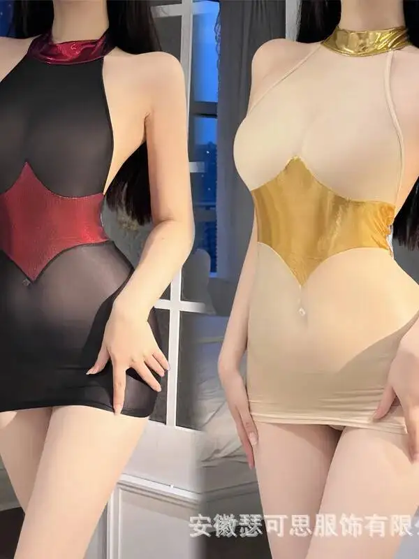 โปร่งใสเซ็กซี่สีดําและสีแดง Patchwork ทองเงา Embellished ชุดไนท์คลับ Robe Elegant ตาข่ายลูกไม้ Sheer เซ็กซี่ HYT8