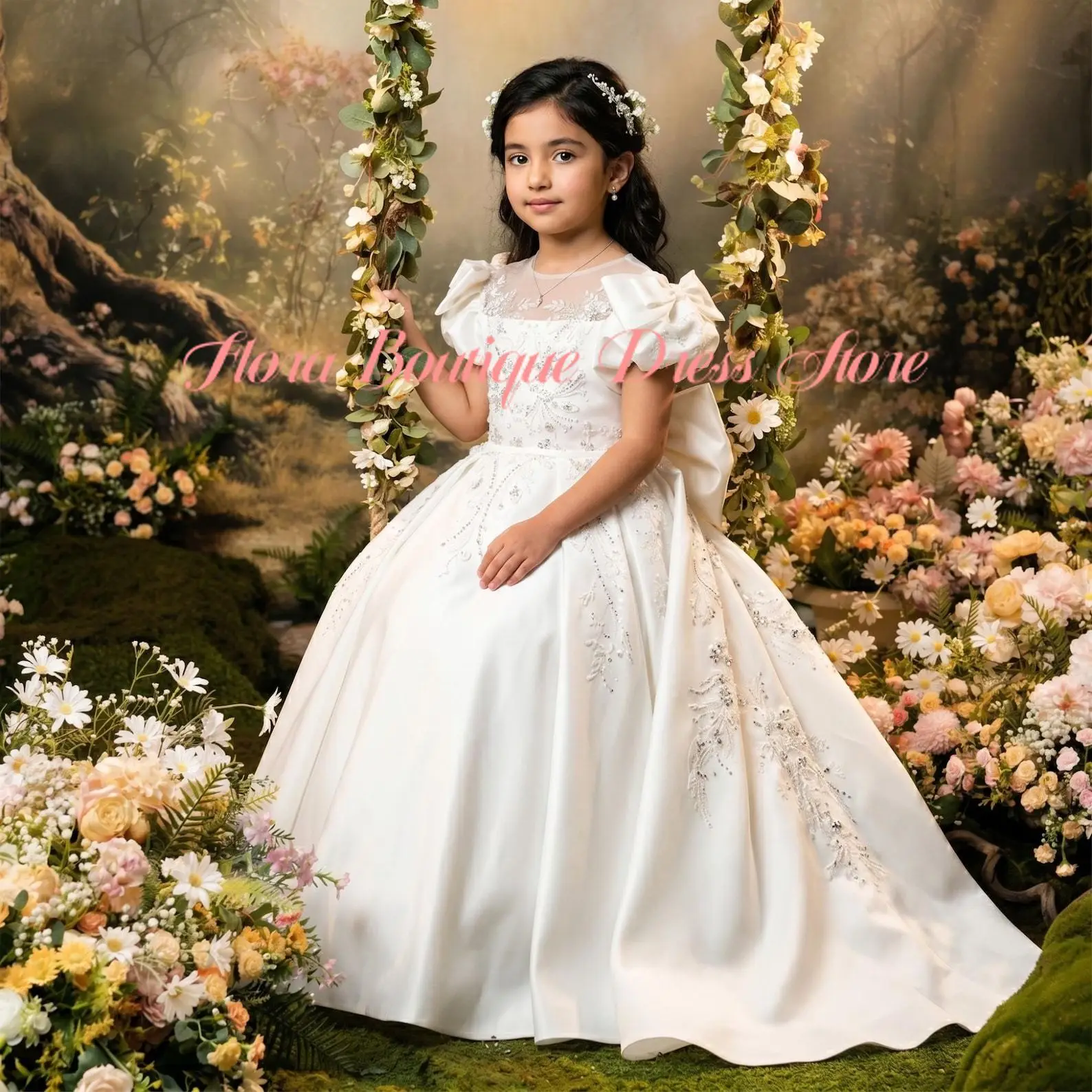 Ivory Satin Princess Flower Girl Dress Puff Sleeve Pageant Gown Luxury Embroidered First Communion Floor Length Dress Gdybao