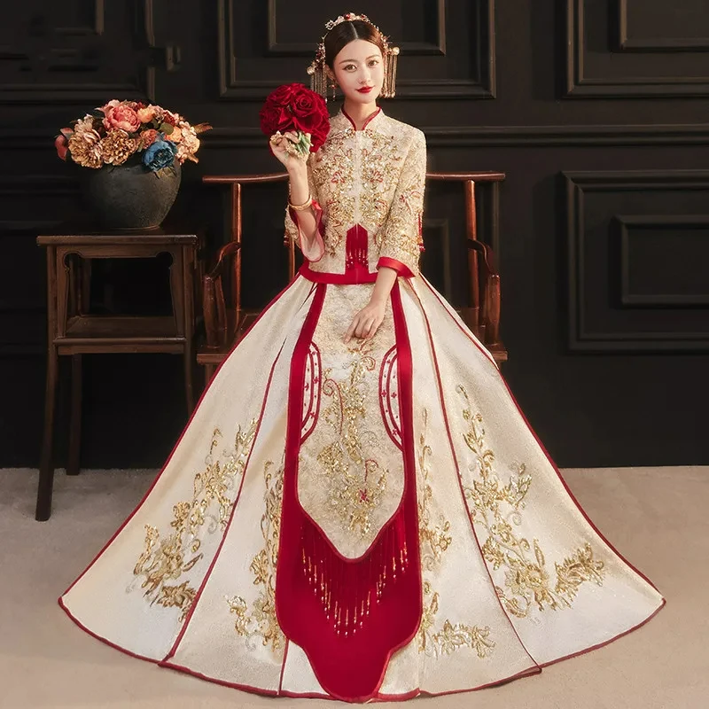 

Chinese Style Dragon Phoenix Embroidery Clothing Traditional Wedding Dress Cheongsam Qipao Red Woman Gown