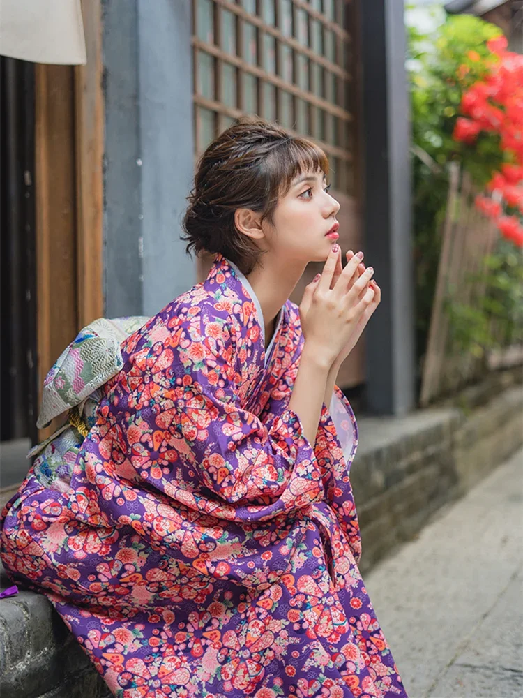 

Women's Traditional Japan Style Kimono Photography Dress Cosplay Costume Purple Color Flower Prints Vintage Dress