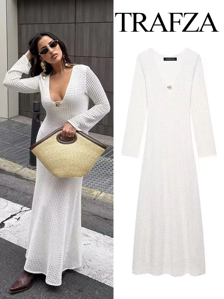 

TRAFZA Women's Fashion Long Dress White V-Neck Long Sleeves Hollow Out Decoration Female Spring Elegant Holiday Style Dresses