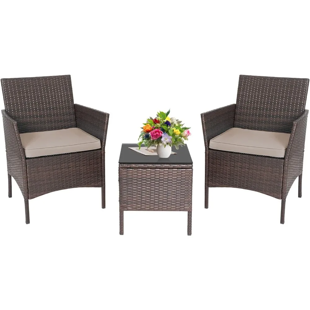 

Outdoor Wicker Conversation Bistro Set with 2 Chairs 2 Cushions and 1 Coffee Table for Patio Garden Yard Porch