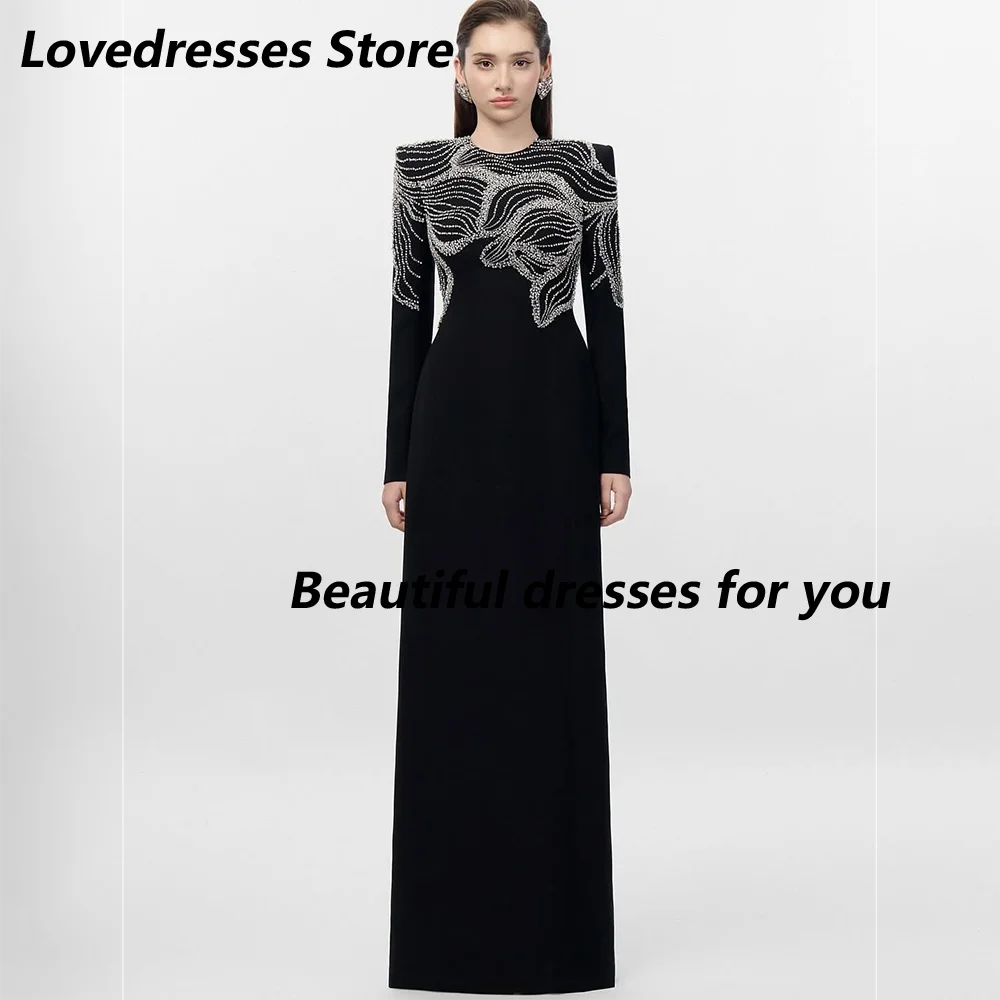 

Роскошное вечернее платье 2025 с кристаллами и круглым вырезом с длинными рукавами, вечерние платья черного цвета длиной до пола, современное платье для выпускного вечера по индивидуальному заказу