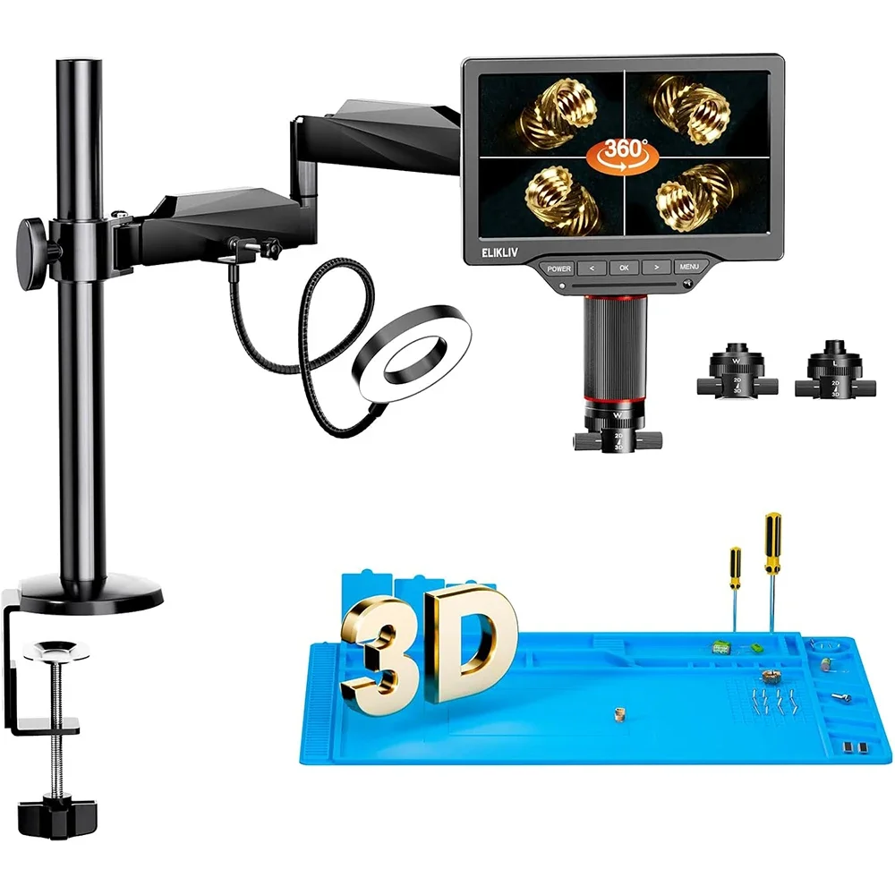 Elikliv EM3K-3D Max 10.1 "Microscope numérique 3D avec double lentille magnétique HDMI 3K Microscope à souder pour l'électronique avec bras flexible