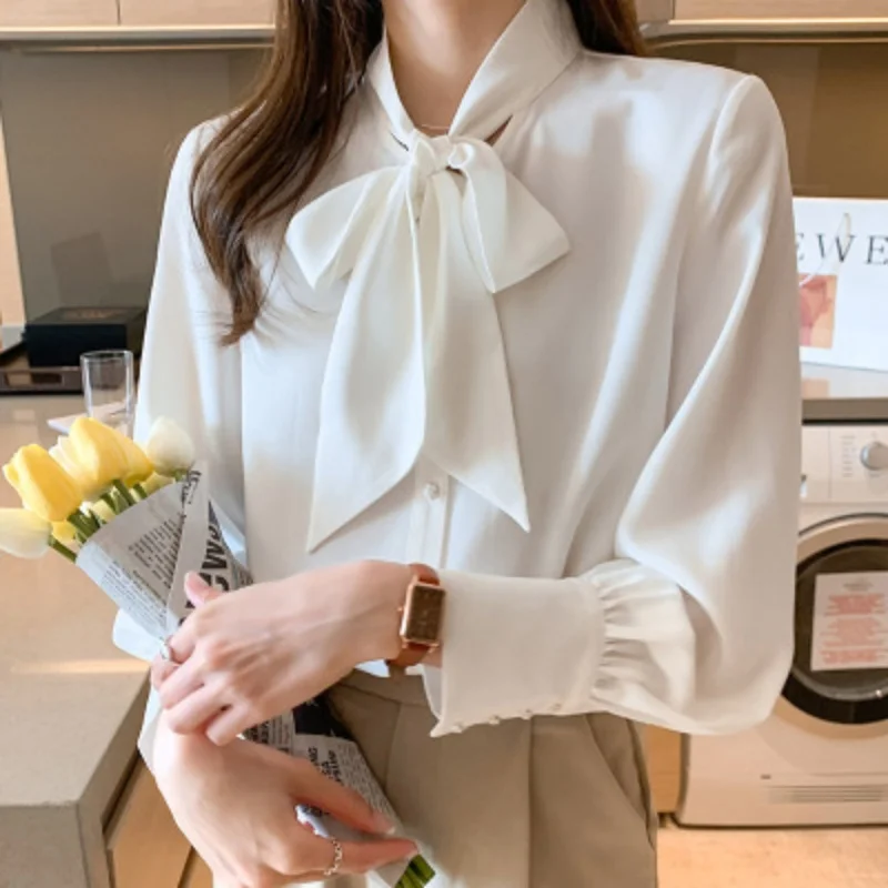 

New Arrival Women's Blouse Vintage Designer Lace-Up Bow Work Casual Tops Chiffon Blouse Elegant Loose Women Business Shirts