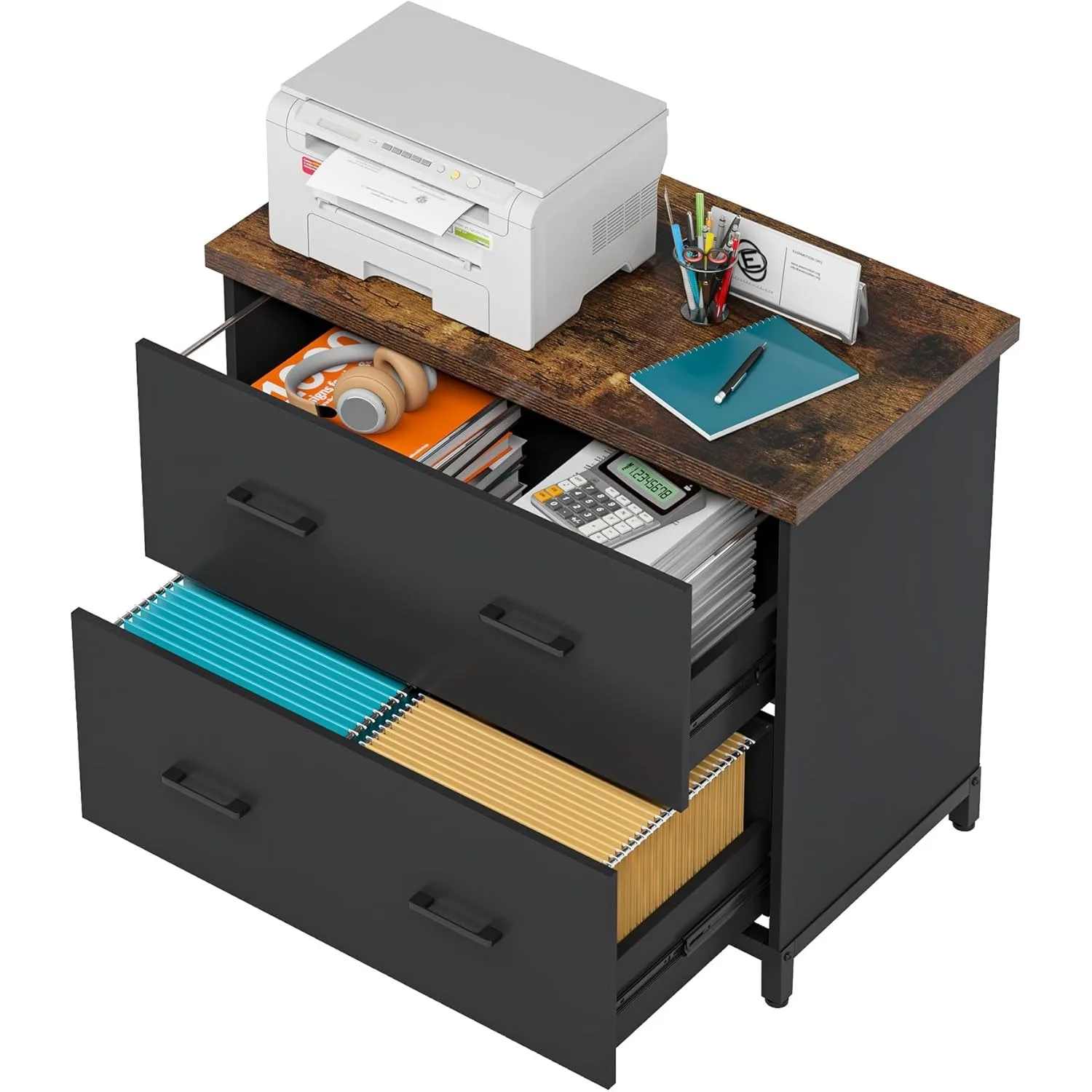 خزانة ملفات ذات درجين، خزانة ملفات جانبية خشبية للمكتب المنزلي، مقاس A4، بني وأسود #2