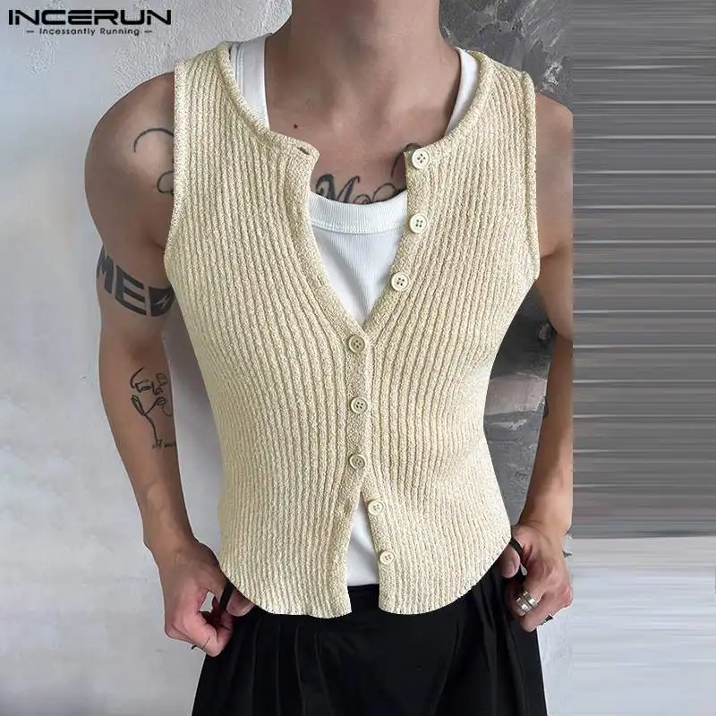 2024 Männer Tanktops einfarbig gestrickt O-Ausschnitt ärmellose Knopf Streetwear männliche Westen Sommer mode lässig Männer Kleidung Incerun