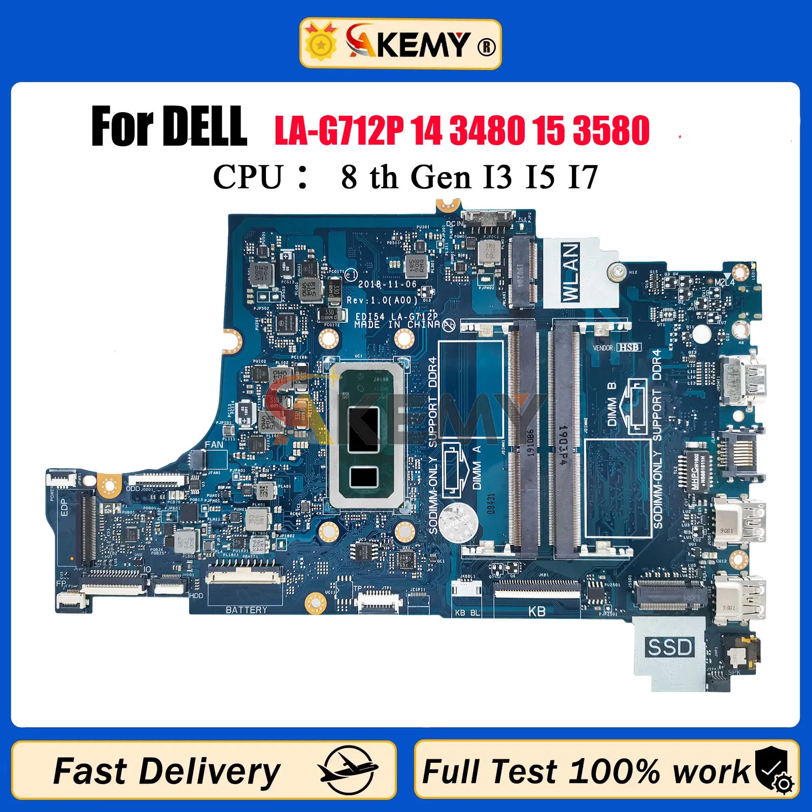 

For Dell 3480 3580 3780 3583 Laptop Mainboard LA-G712P 04205U 05CF0M 0C75M5 0TWYDT i3 i5 i7 8th Notebook Motherboard Tested OK
