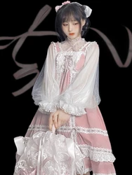 Sweet Lolita Style Blouses Women Vintage Victorian Lace Chiffon See Through Shirts Girls Lantern Sleeve Tops Fairy Blusas Mujer