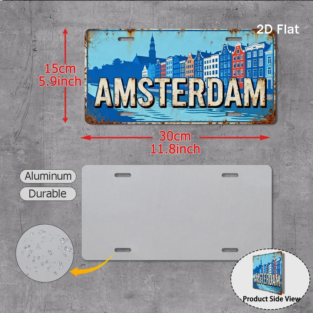 1pc Amsterdam Netherlands License Plate Sign - Heavy-Duty Aluminum Dutch Travel Decor with Dam Square, Red Light District & C