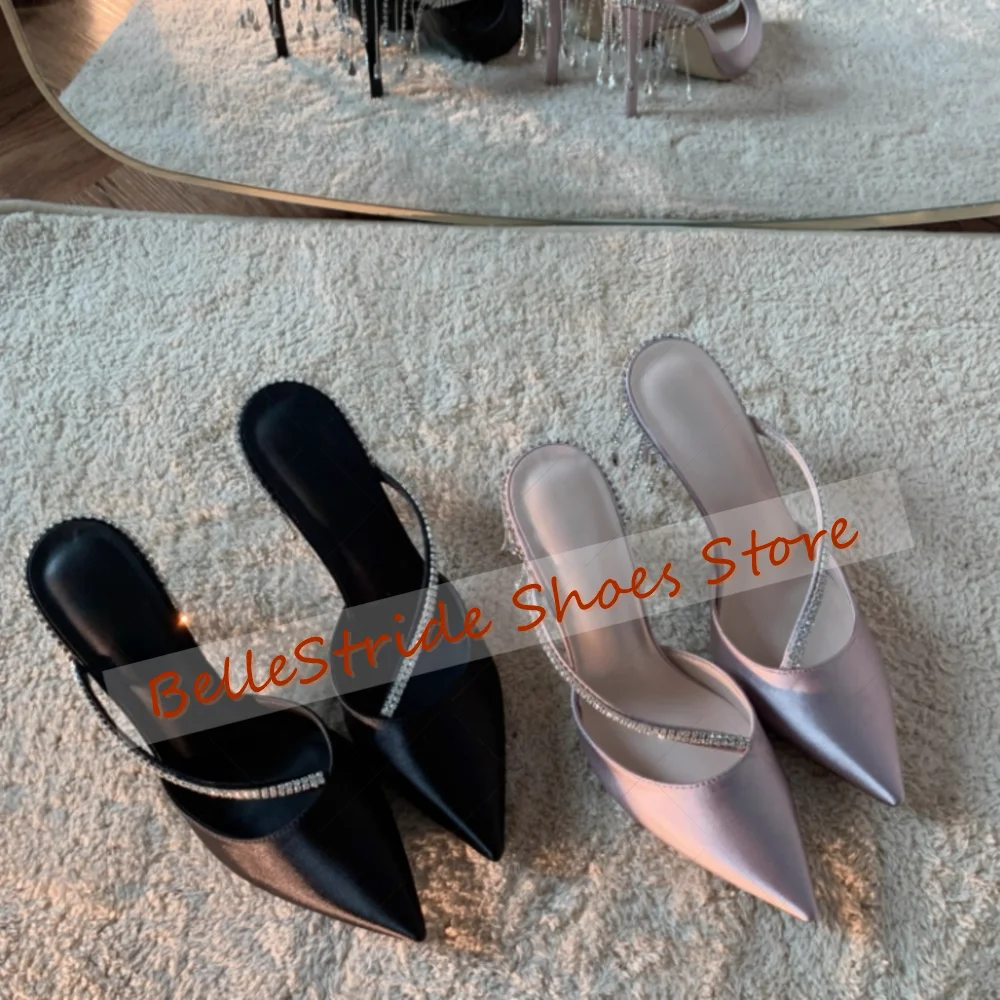Preto cristal borlas chinelos de cetim apontou toe sapatos femininos stilettos salto alto festa banquete namoro 2025 zapatos para mujere