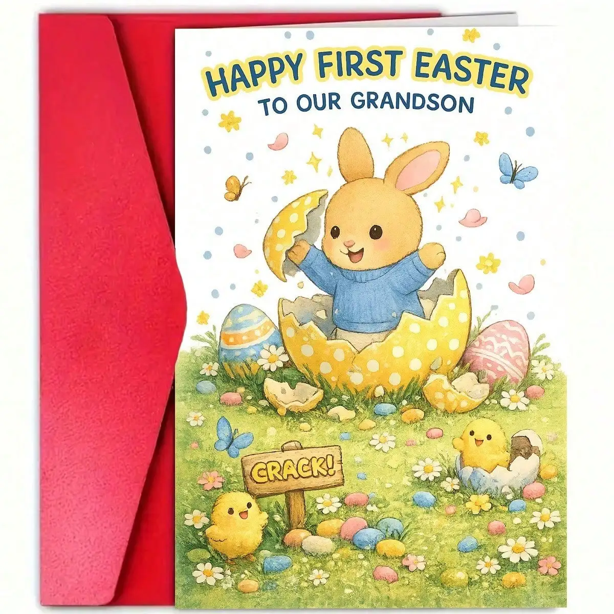 1pc Happy First Easter Grandson Card Cute Bunny Egg Spring Pastel Greeting for Family Celebration Unique Keepsake