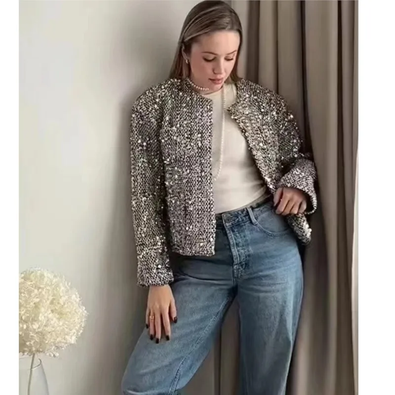 

Autumn Ladies Elegant Coat Women's Chic Silver Sequin Embellished Short Jacket Casual Round Neck Suit Cardigan