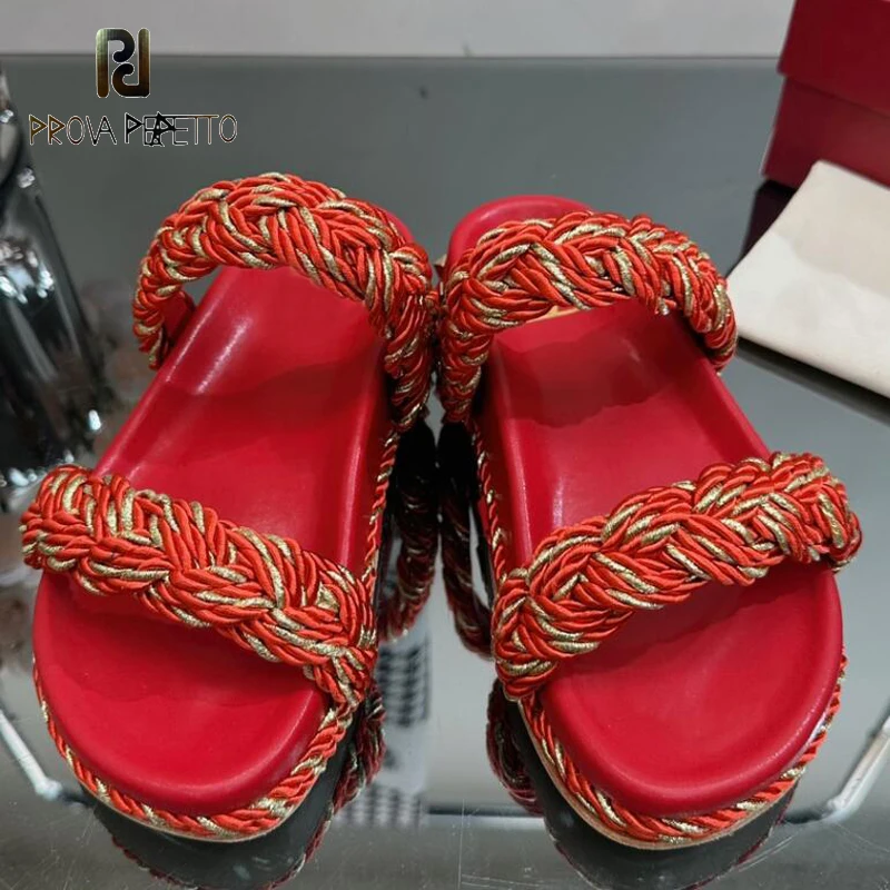 

Woven Straps Slippers Open Toe Thick Sole Luxury Fashion Rivets Studded Slides Pink Red Real Leather Female Mules Sapatos