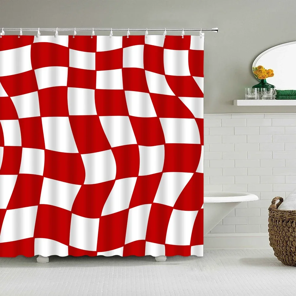 Red Check Orange White Checkerboard Pattern Chequered Chess Abstract Shower Curtains Waterproof Polyester Fabric