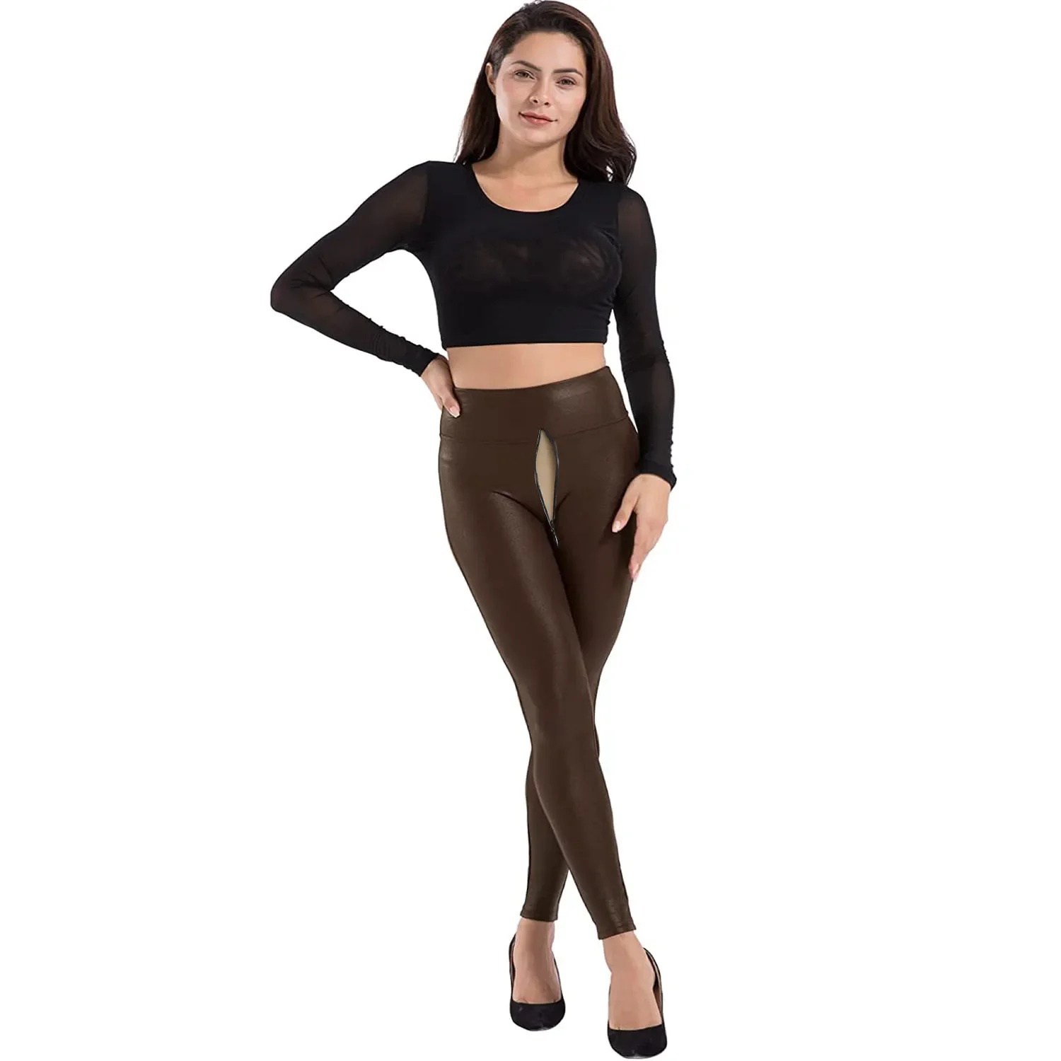 

Open Crotch Faux Leather Pants Yoga Peach Butt Push Up Leggings Women Tummy Control High Waist PU Trousers Sexy Exotic Hotpants