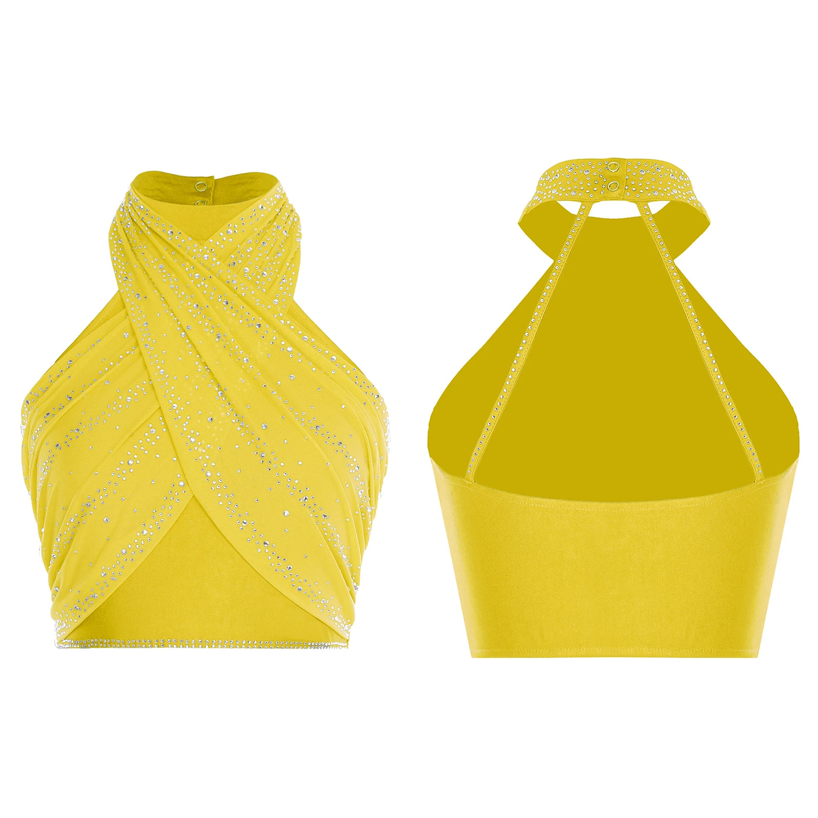 

Womens Latin Dance Top Halter Sleeveless Strappy Backless Rhinestones Front Cross Ruched Mesh Overlay Crop Tops for Salsa Samba