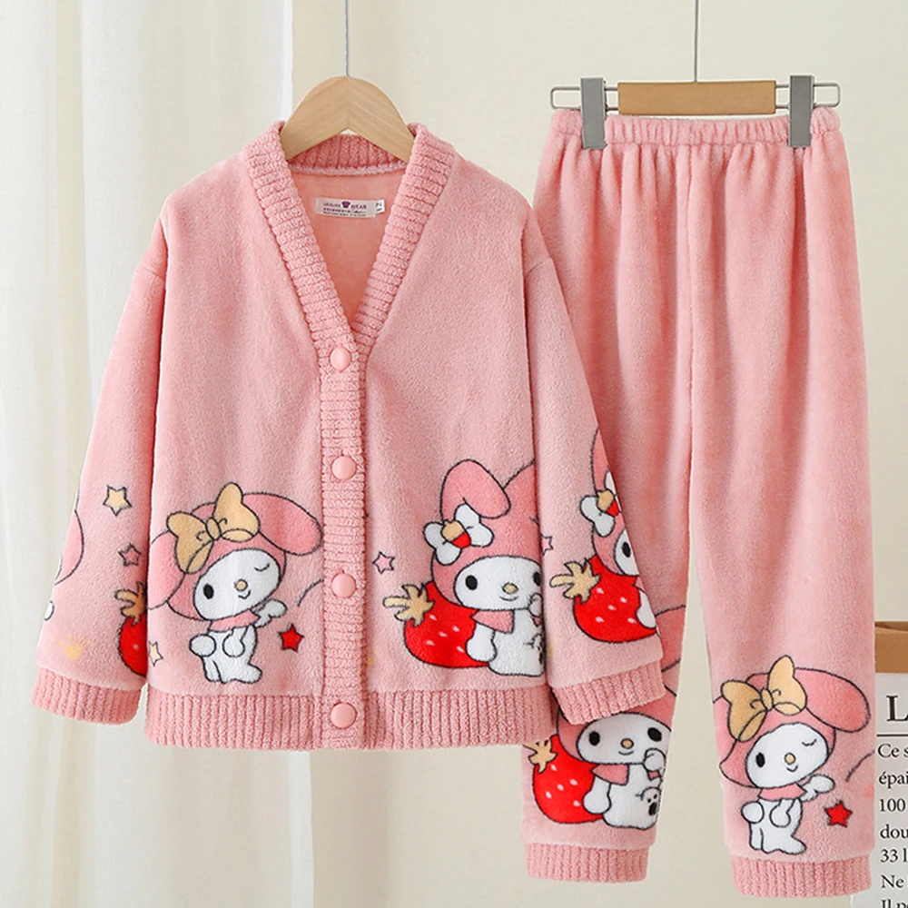 Cinnamoroll Anime Sanrioed Long Sleeve Pajamas Parent-Child Winter Kuromi Melody Kawaii Cute Coral Velvet Homewear Clothes Kids