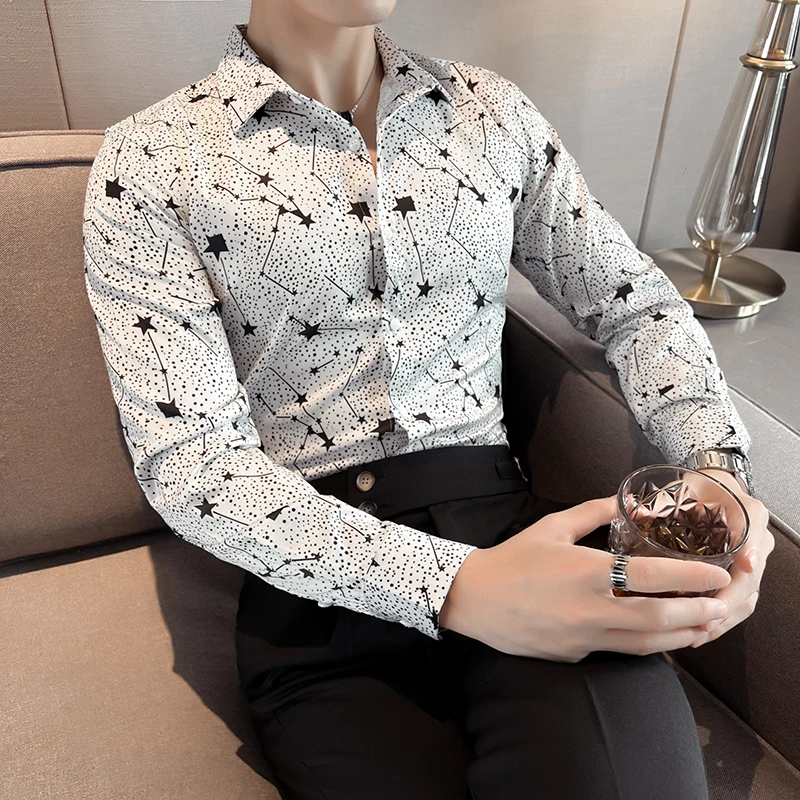 Long-sleeved Star Polka Dot Printed Shirts for Men Autumn Spring Streetwear Mens Designer Shirt Nightclub Prom Camisa Masculina