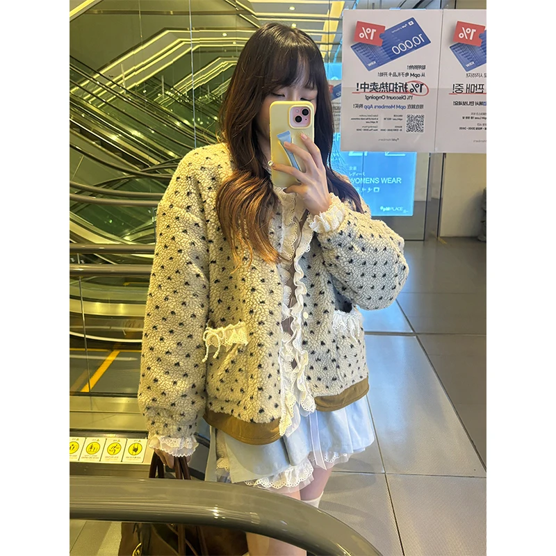MEXZT Floral Lamb Wool Coat Women Vintage Lace Patchwork Fluffy Jacket Winter Ladies Korean Long Sleeve Pockets Furry Outerwears