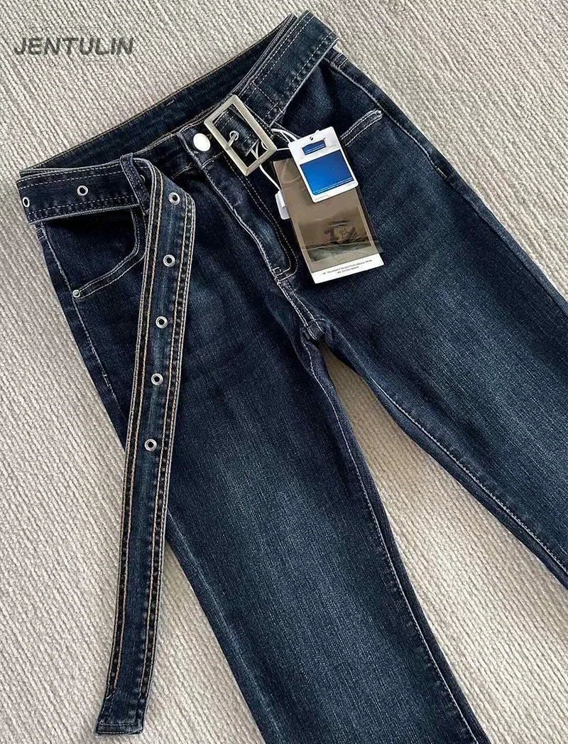 Retro Women Y2K Bell Bottom Jeans High Waist Flared Denim Pants With Strap Belt Slim Stretch Wide Leg Streetwear Trousers