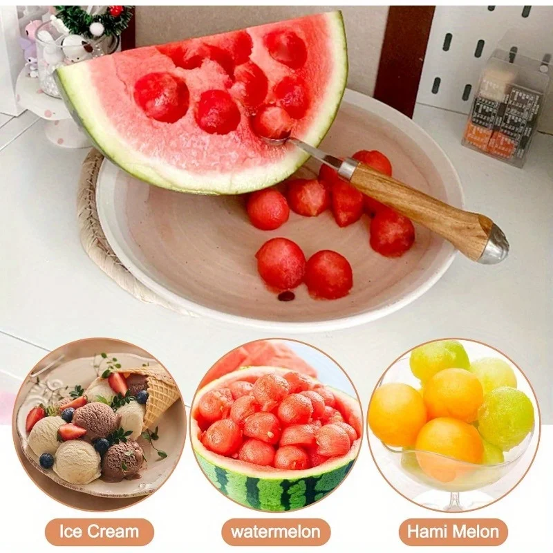 4 Pack Melon Baller Scoop-Melon Baller-Fruit Spoon-Wooden Handle Grapefruit Spoons