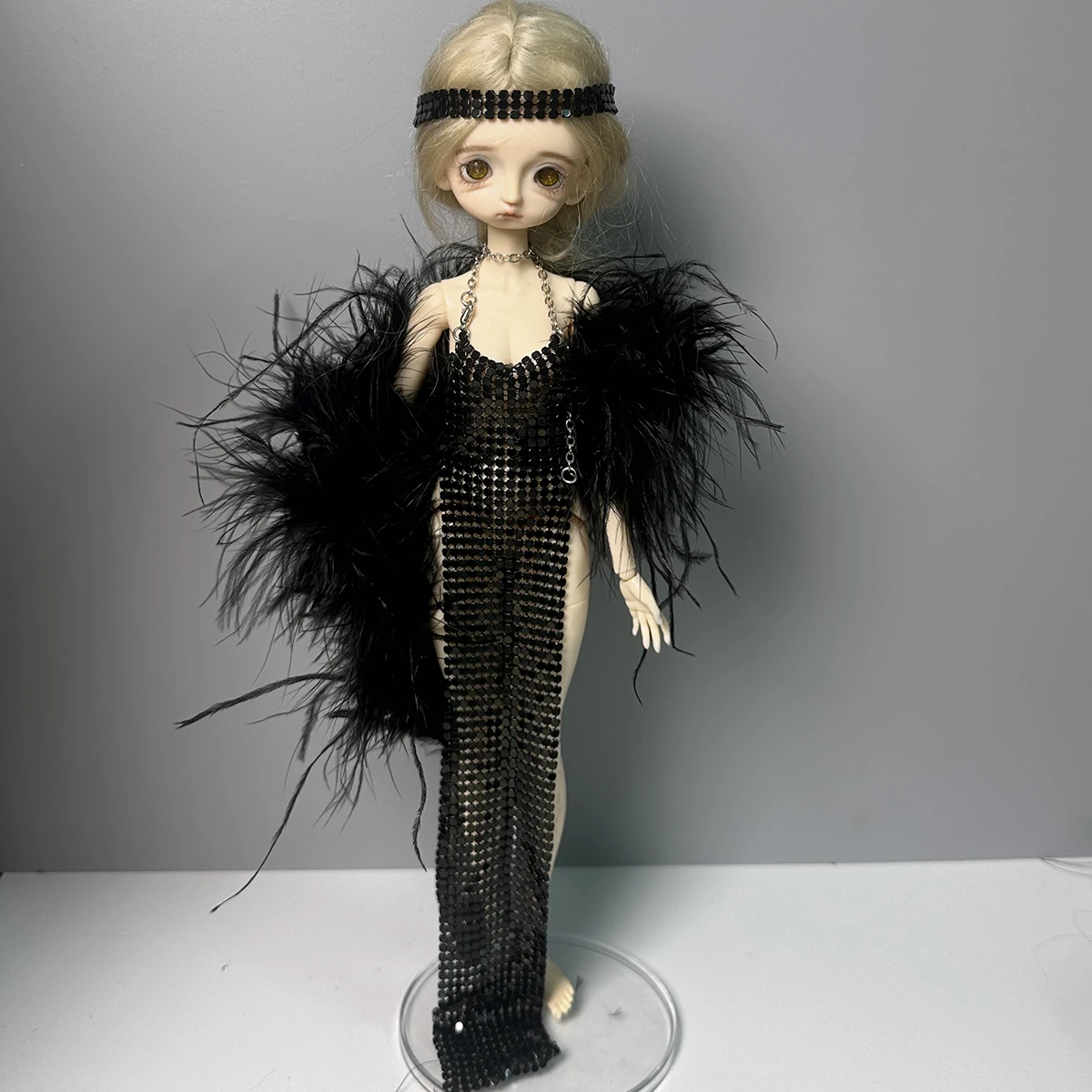 Luxury Fashion Black Metal Sequin Strapless Dress + Feather Shawl + Headwear Set Retro Evening Gown For 1/6 Babi Supermodel Doll