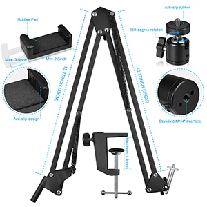Adjustable Camera Stand,CLOOLC Camera Clamp Mount with Heads and Camera Arm,Desk Camera Mount for Video Recording Live Broadcast