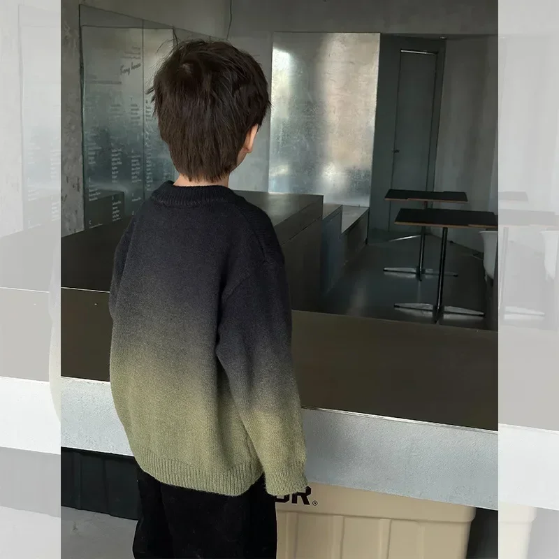 Children Clothes Kids Casual Sweater 2024 Winter Boy Handsome Thickened Cashmere Gradient Color Korean Style Warm Sweater