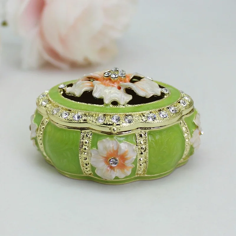 SHINNYGIFTS Enamel Flower Jewelry Box Hand Painted Hinge Trinket Box for Home Decoration Metal Collectible Figurine