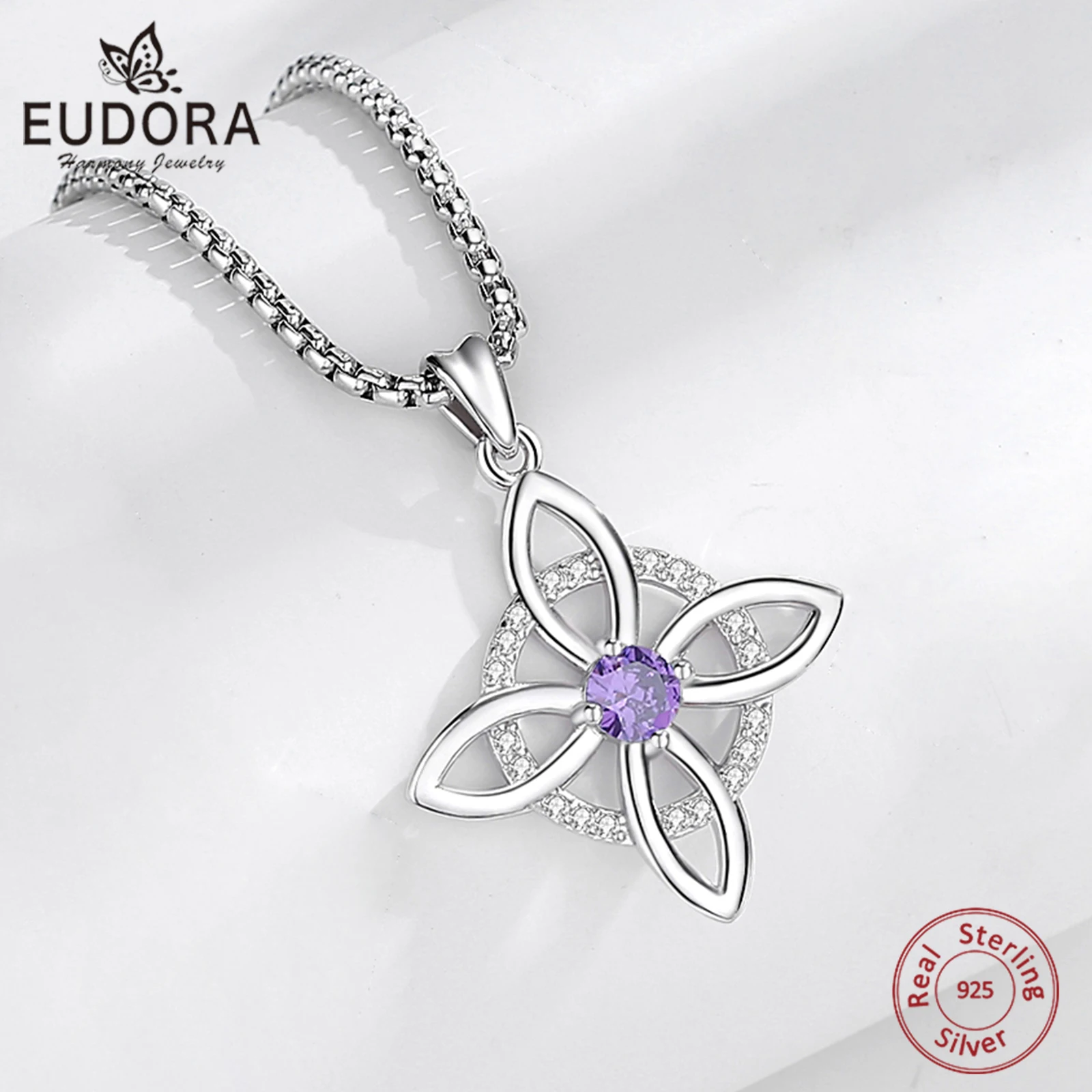 

Eudora Nudo de Bruja Plata 925, ожерелье с узлом ведьмы для женщин, фиолетовый циркон, кельтский амулет, кулон, модные ювелирные изделия Wicca, подарок