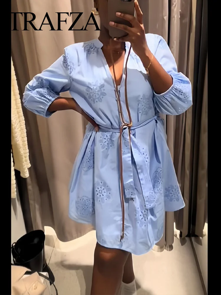 TRAF 2024 Woman Long Sleeve Beach Style Dress Women Solid Blue V-Neck Embroidered Hollow Out Drawstring Belt Mini Dress Holiday